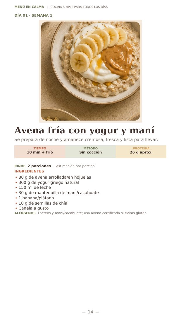 Receta de avena fría con yogur del e-book Más proteína, menos vueltas