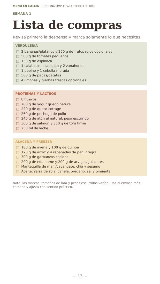Lista semanal de compras de Más proteína, menos vueltas